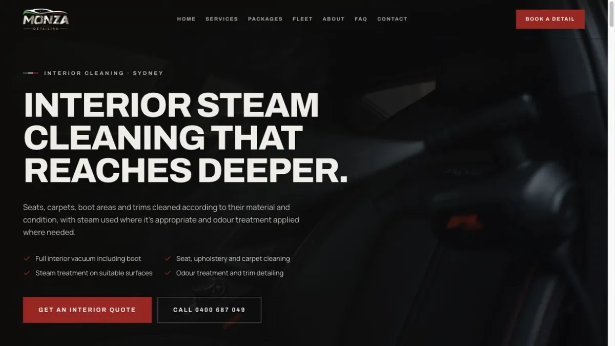 Monza interior-steam-cleaning page with cabin imagery and contact actions