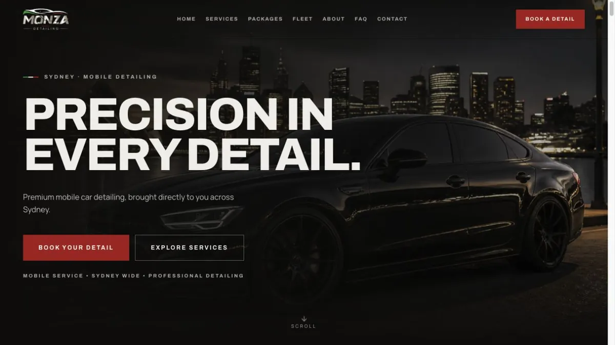 Monza Detailing introduction over a dark vehicle photograph