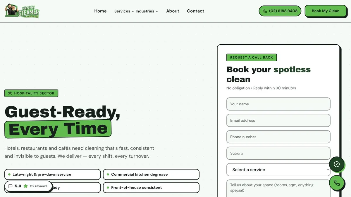Mr and Mrs Steamer hospitality cleaning page with a callback form