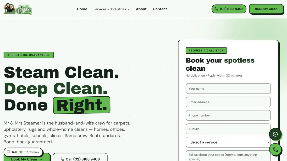 Mr and Mrs Steamer introduction with green accents and a callback form