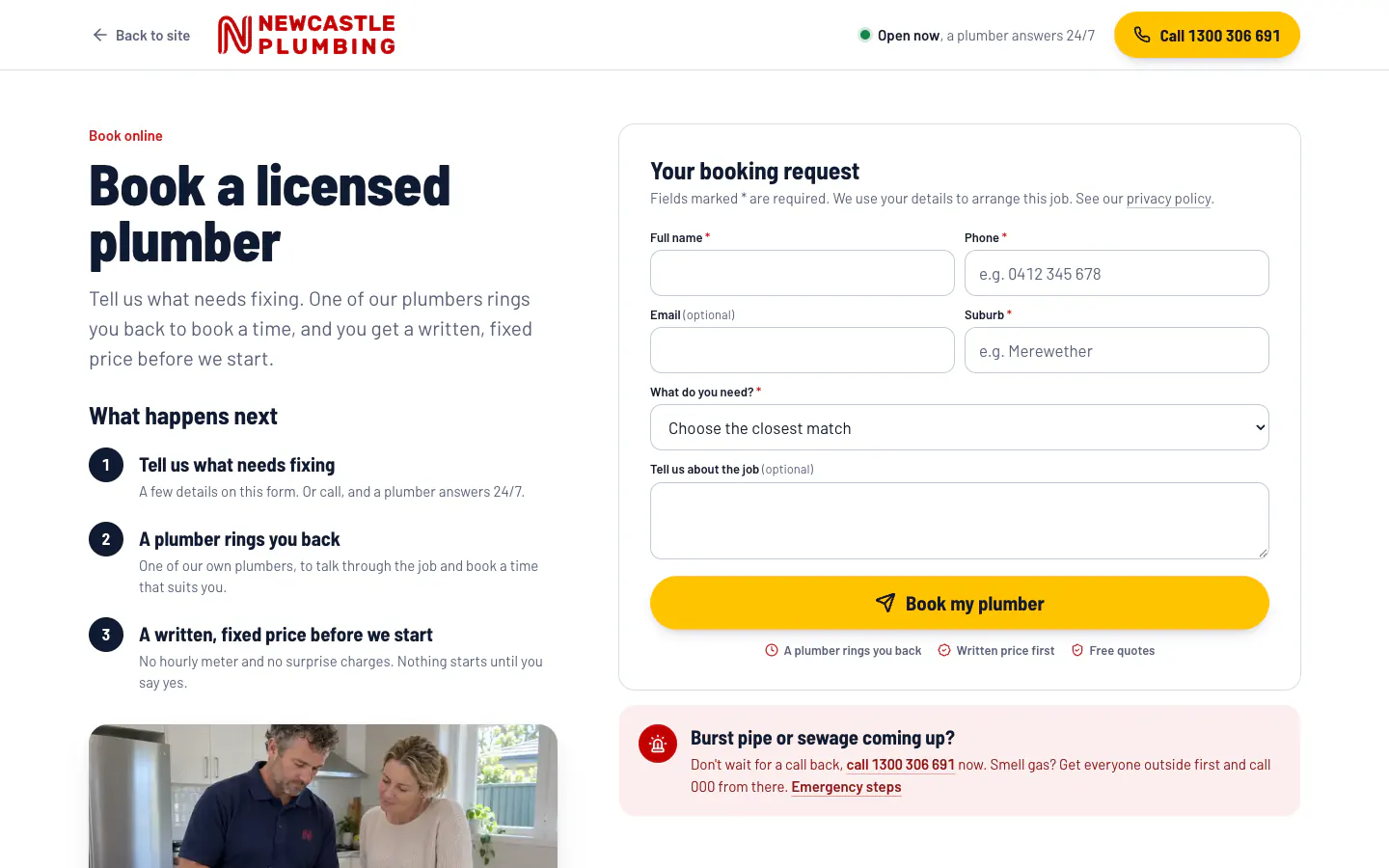 Newcastle Plumbing booking page
