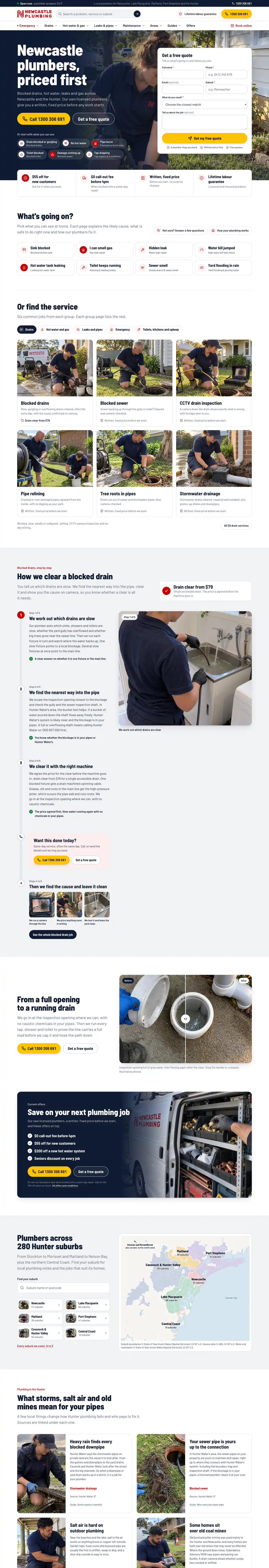 The Newcastle Plumbing home page from the header down to the local conditions section