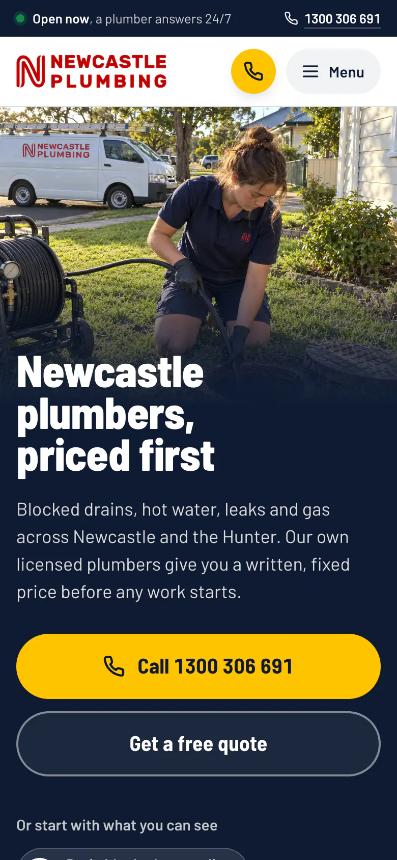 Newcastle Plumbing home page on a phone, with call and menu buttons in the header and a full-width call button