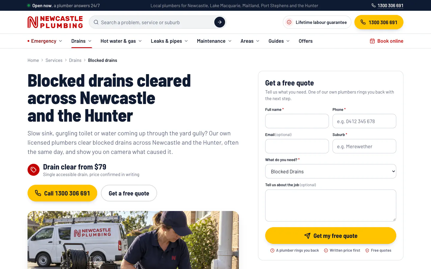 Newcastle Plumbing Blocked Drains service page with a fixed-price offer and a quote form