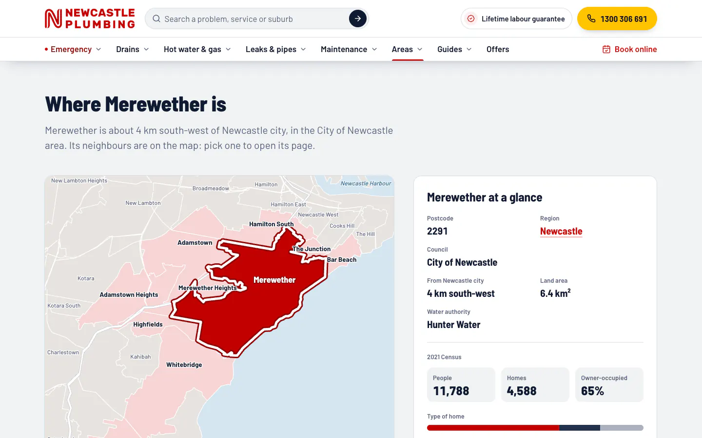 Merewether suburb map and fact panel with labelled features