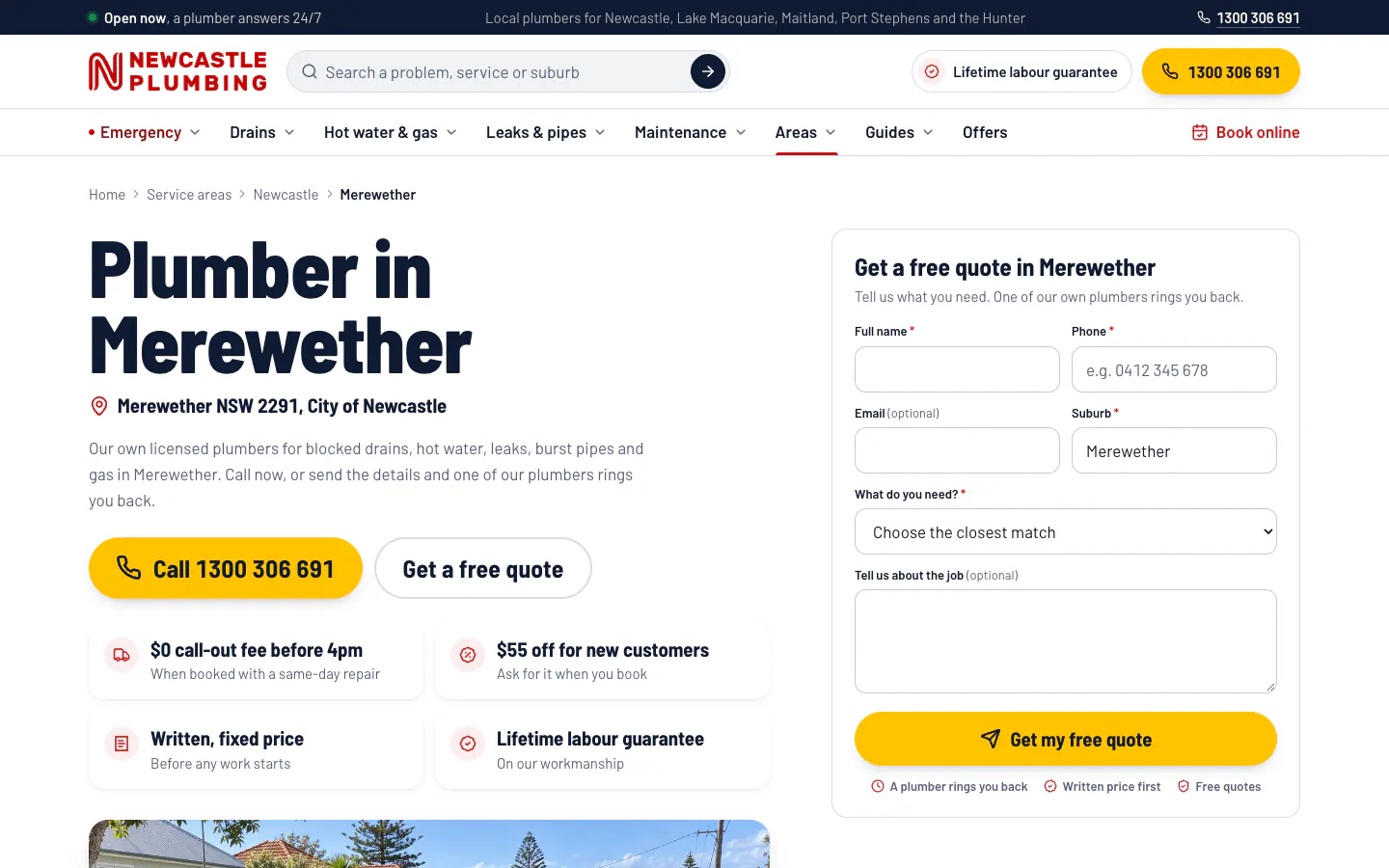 Newcastle Plumbing suburb page for Merewether, with a call button, offer cards and a quote form with the suburb filled in
