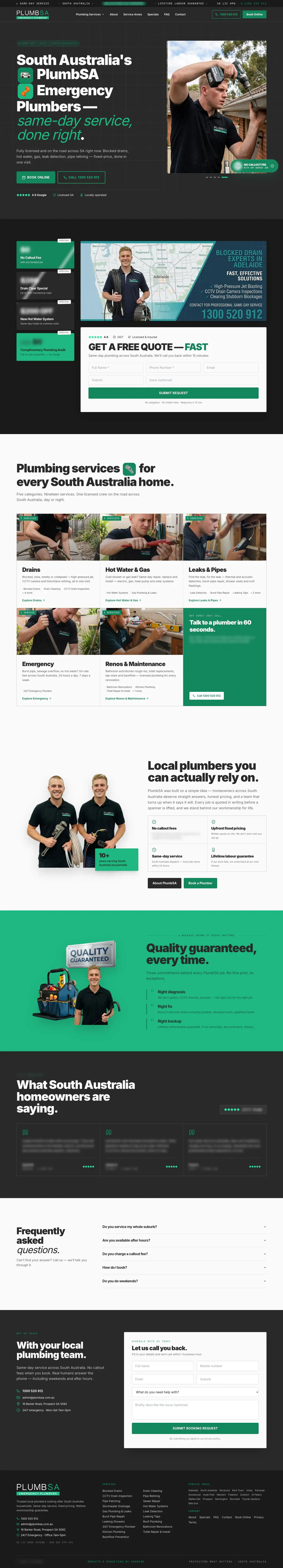 The full PlumbSA home page from the headline to the callback form, with offer tiles and reviews softened
