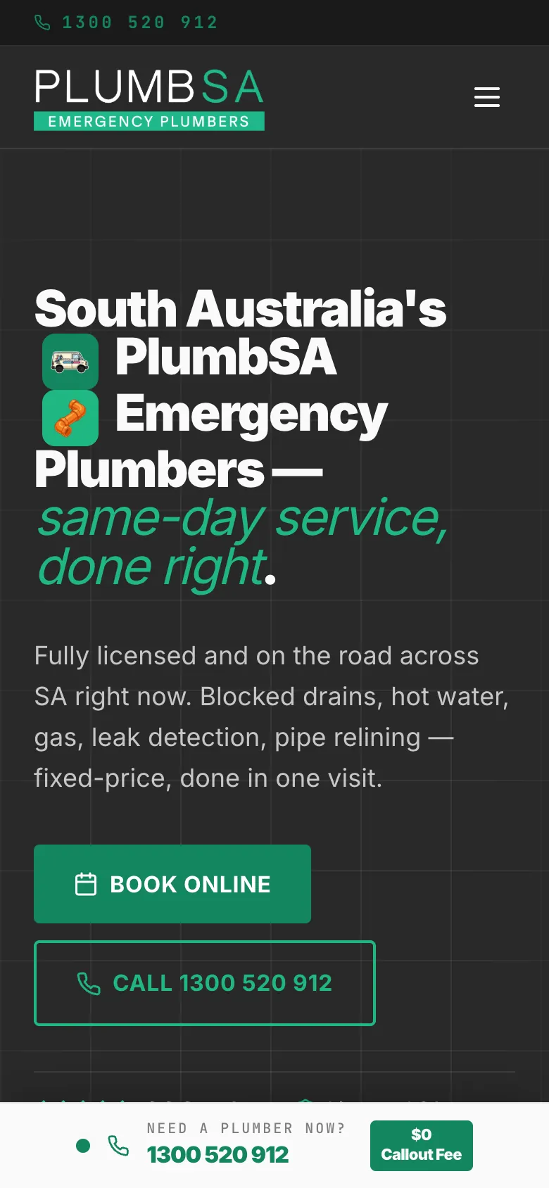 PlumbSA home page on a phone with the number above the logo and a fixed call bar