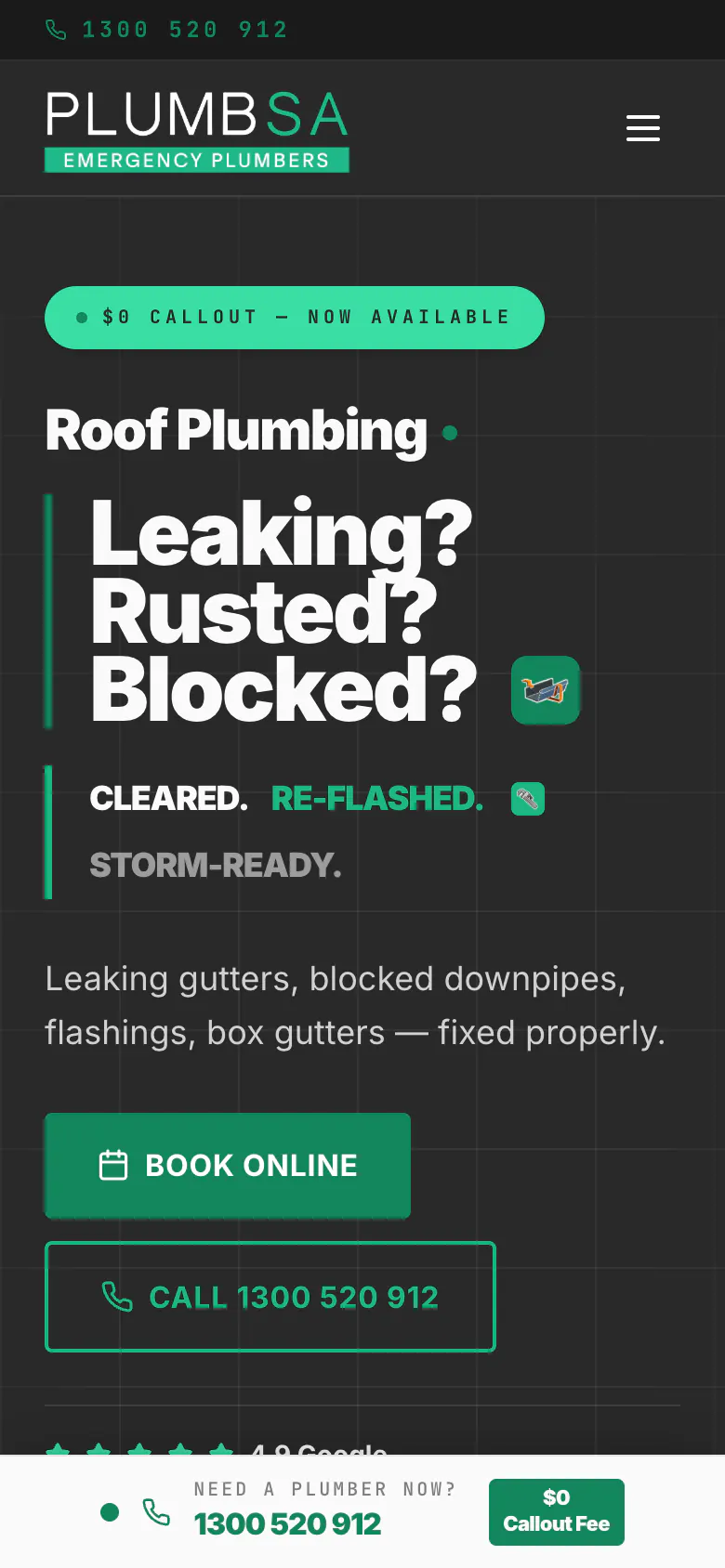 PlumbSA roof plumbing page on a phone with Book Online, Call and the fixed call bar