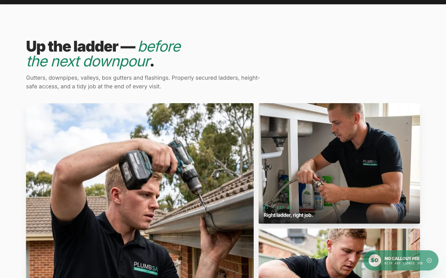 PlumbSA roof plumbing page section with photos of the crew working on gutters and pipes