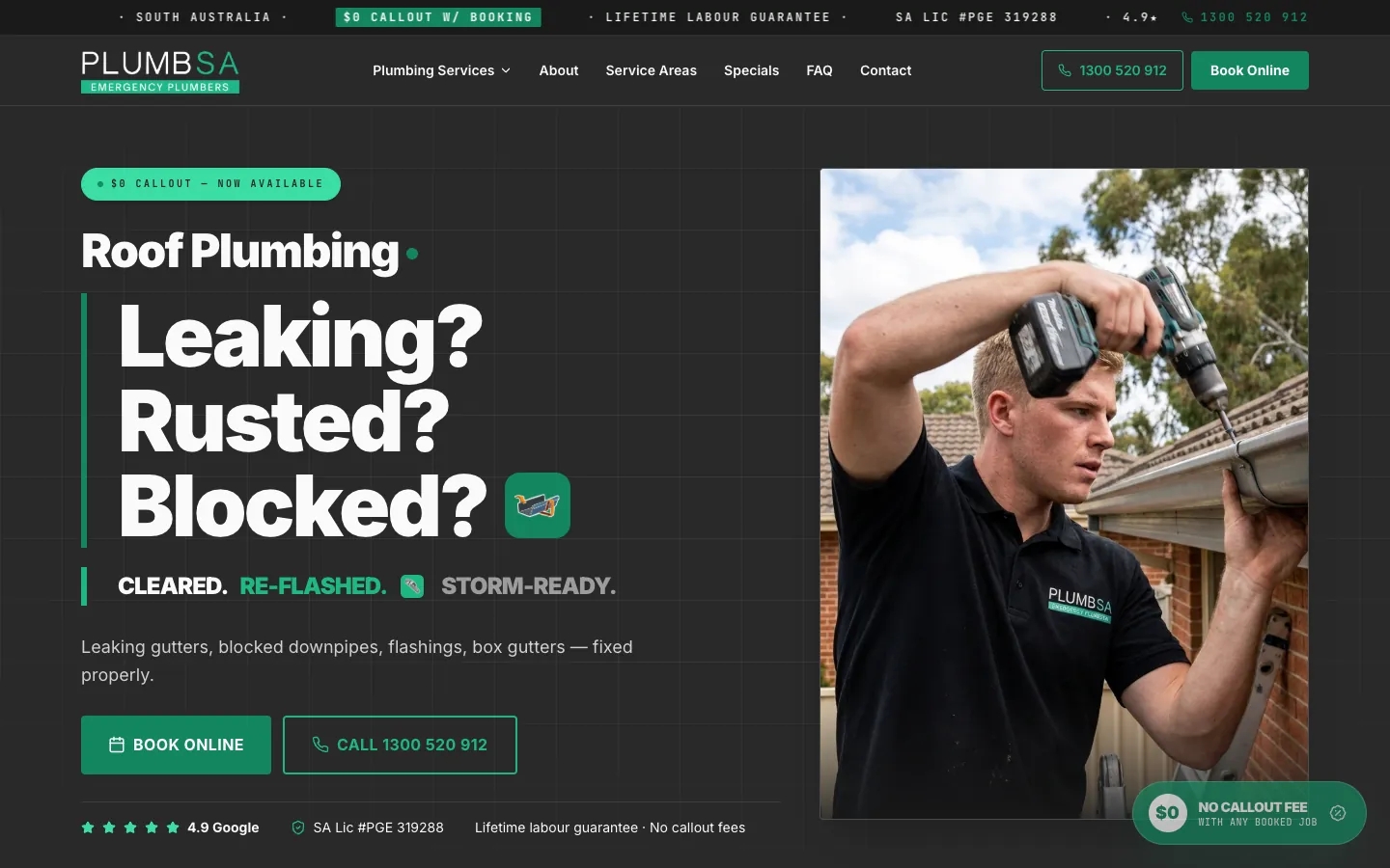 PlumbSA roof plumbing page with three questions about the gutter and the booking buttons