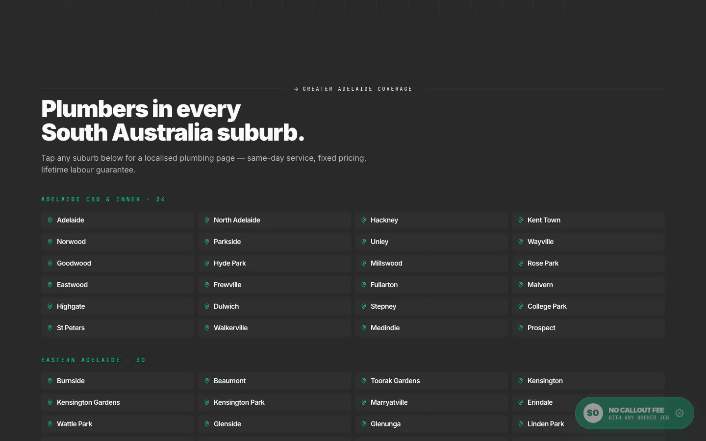 PlumbSA service areas page listing suburbs by region with a count for each region