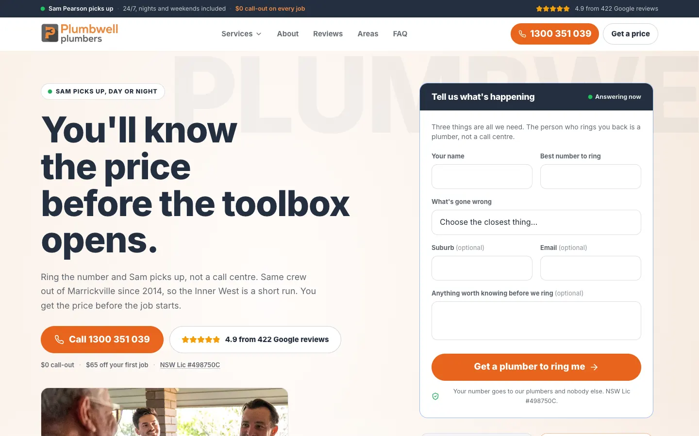 Plumbwell Plumbing home page on desktop, with the price promise, call button and callback form