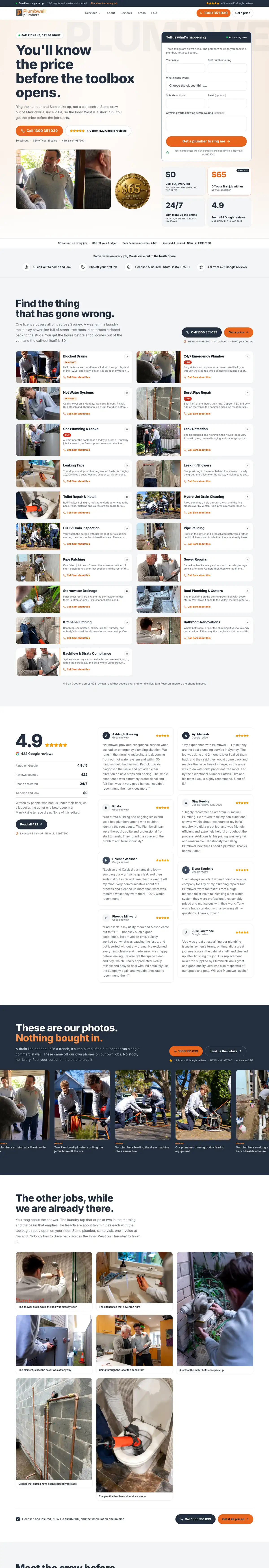 The Plumbwell Plumbing home page on desktop, from the headline down through the services, reviews and job photos