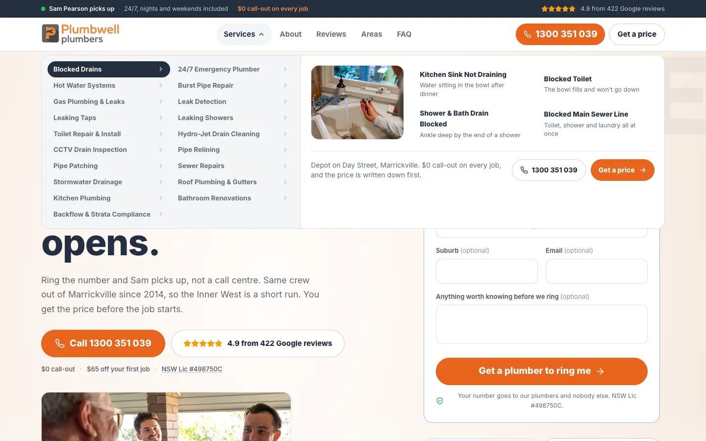 Plumbwell Plumbing services menu open on desktop, with 19 services and the Blocked Drains job pages beside a photo