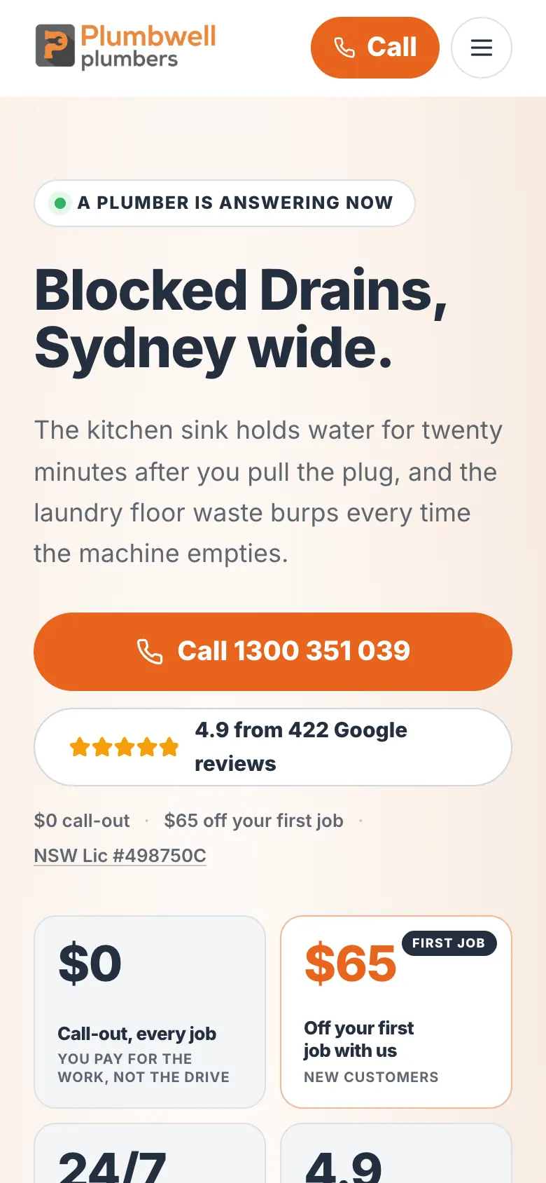 Plumbwell Plumbing Blocked Drains page on a phone, with call buttons and offer tiles