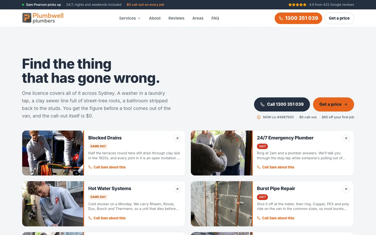 Plumbwell Plumbing home page section with service cards, urgency tags and call links