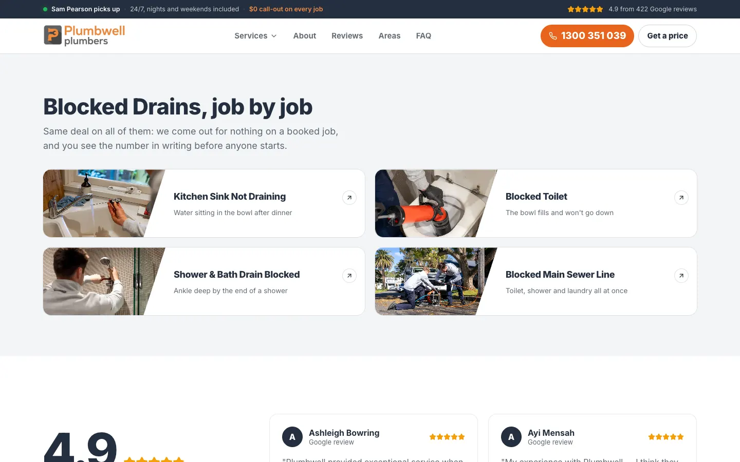 Plumbwell Plumbing Blocked Drains section linking to four job pages