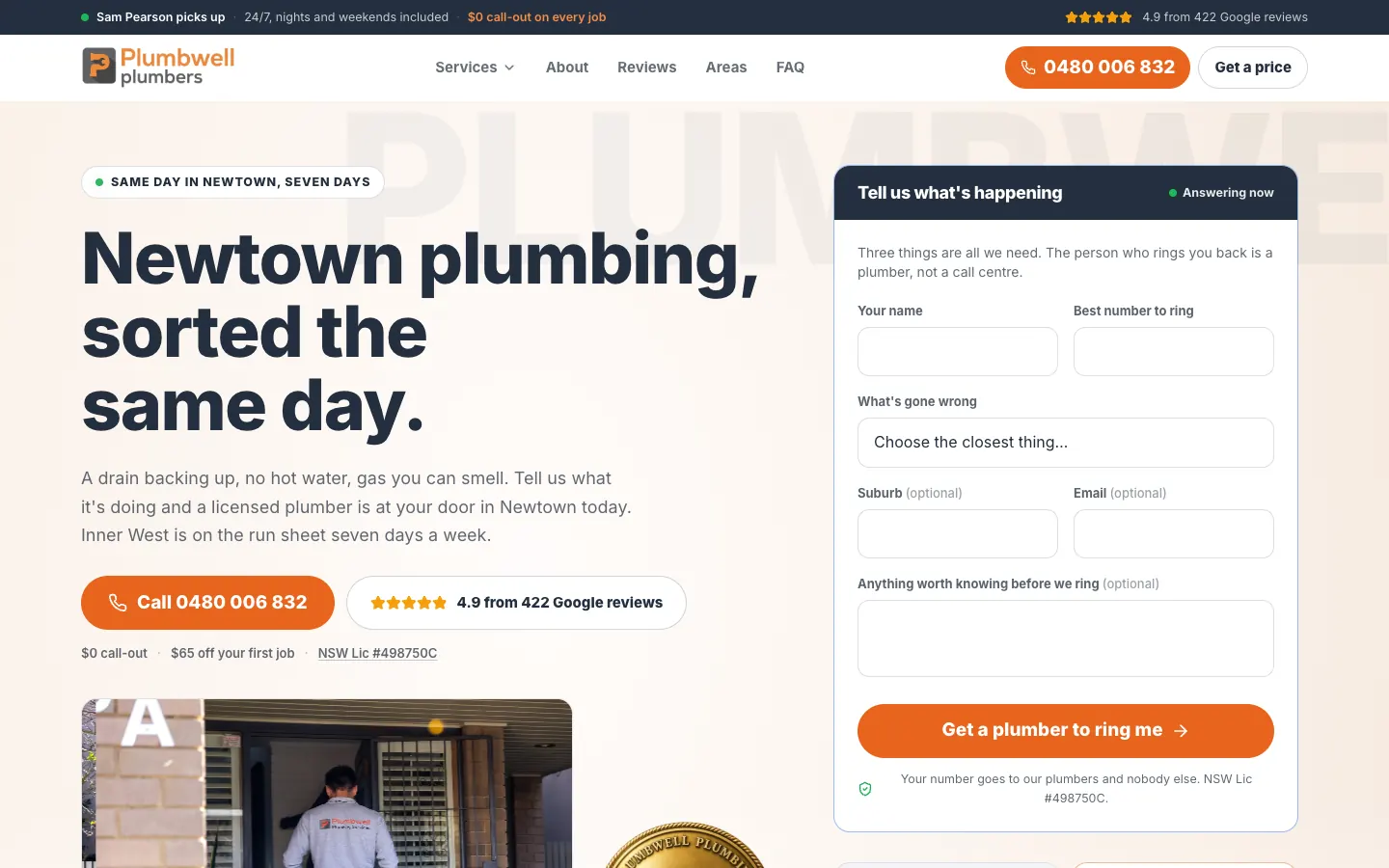 Plumbwell Plumbing Newtown suburb page with a suburb headline, call button and callback form