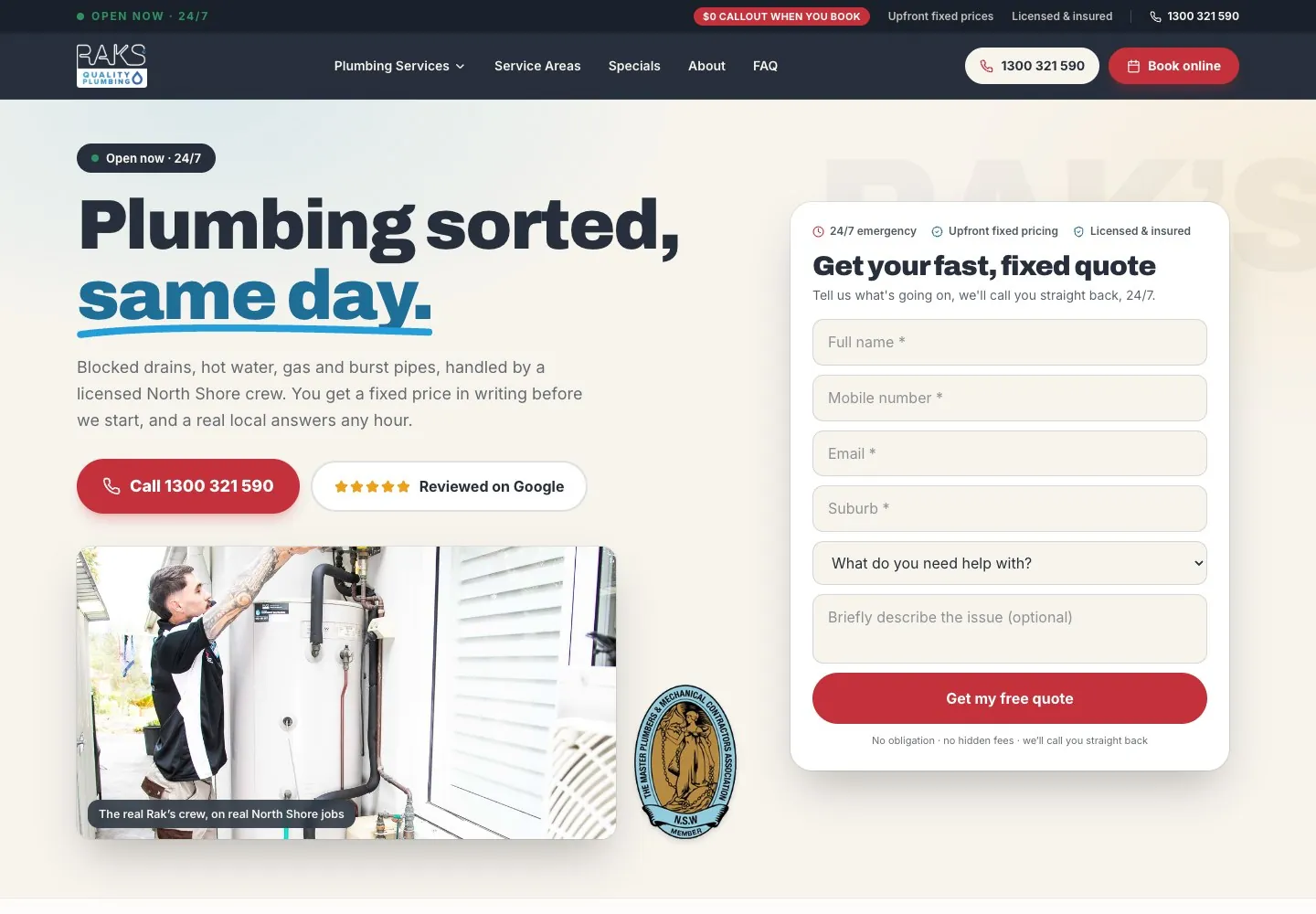 RAKS Quality Plumbing website desktop homepage designed by SoudCoh