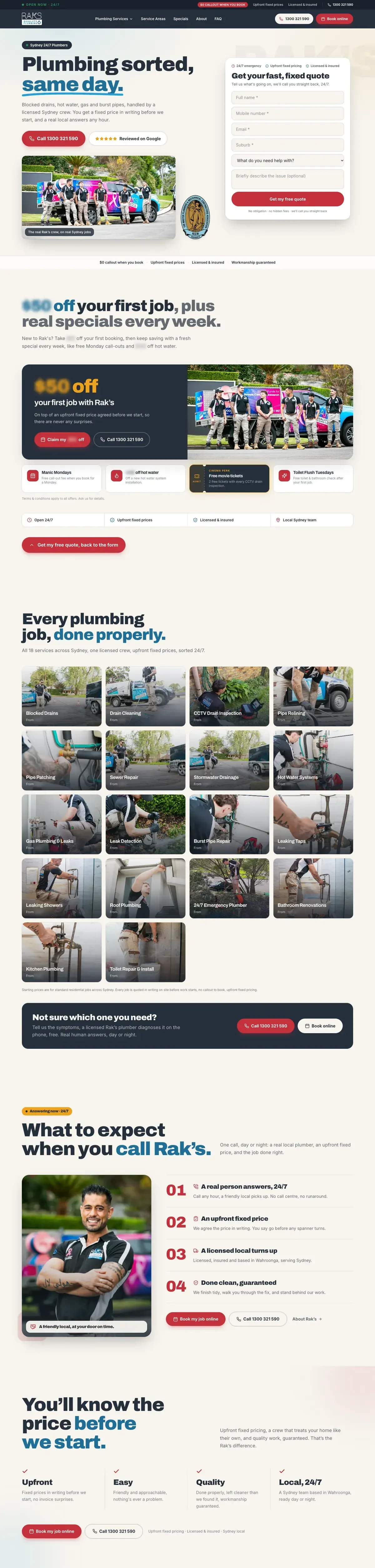 The RAKS Quality Plumbing home page, from the headline to the reasons to book, with offer amounts and prices blurred