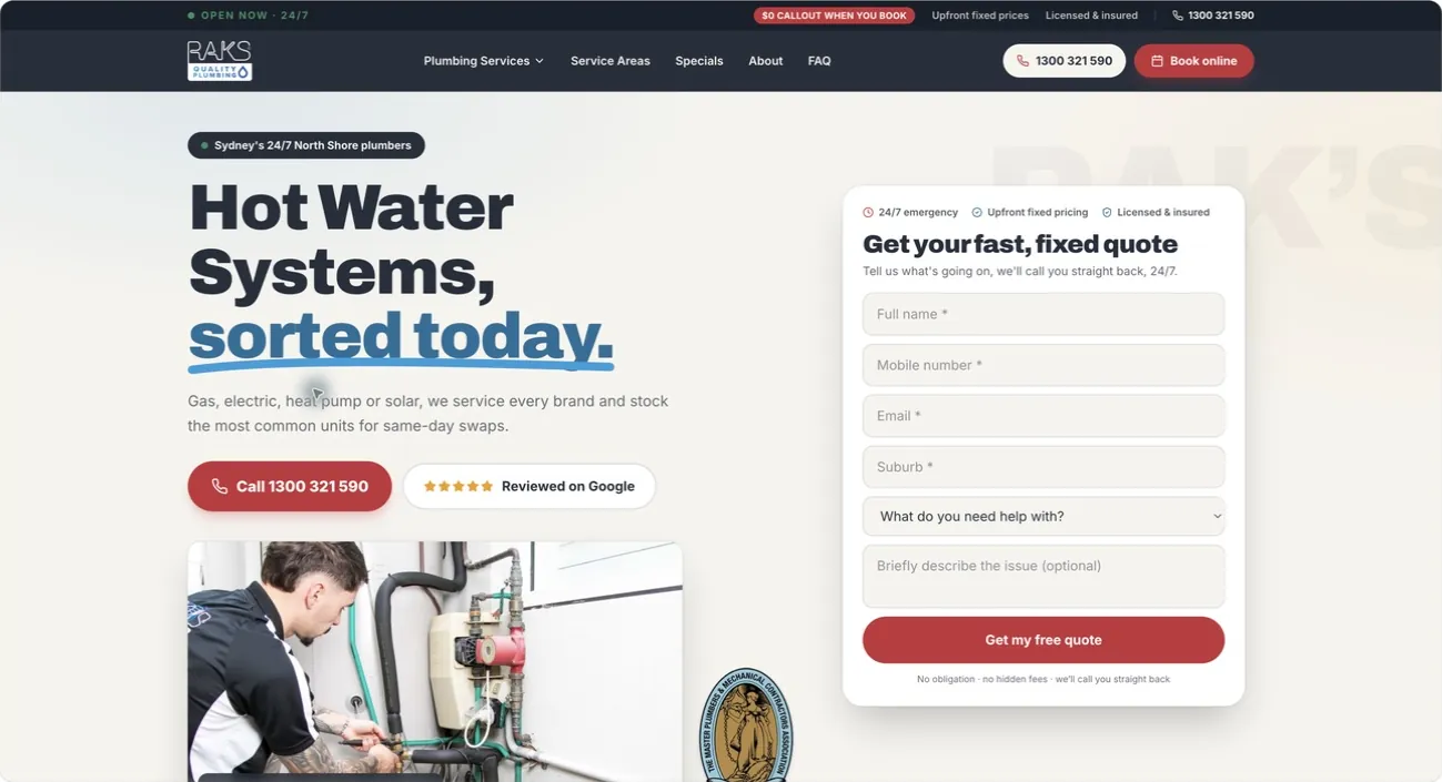 RAKS hot water service page with a quote form beside the service introduction