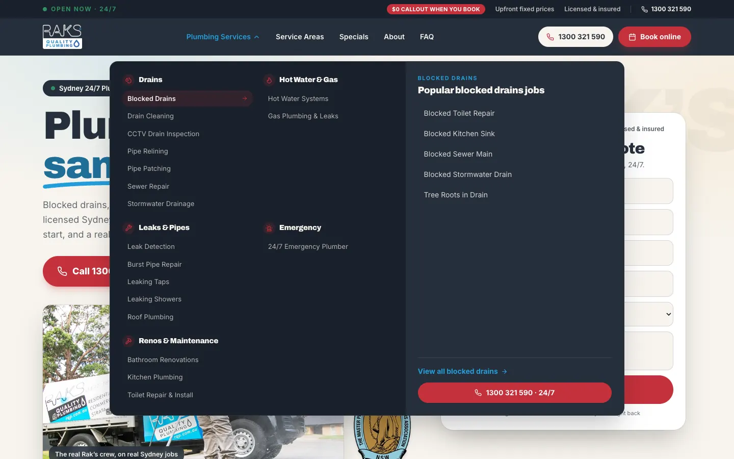 RAKS Quality Plumbing services menu with five groups and the popular blocked drains jobs
