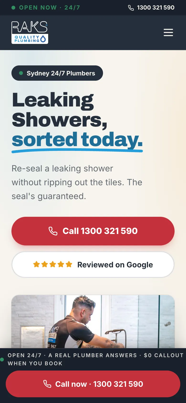 RAKS Quality Plumbing leaking showers page on a phone with a Call now bar at the bottom