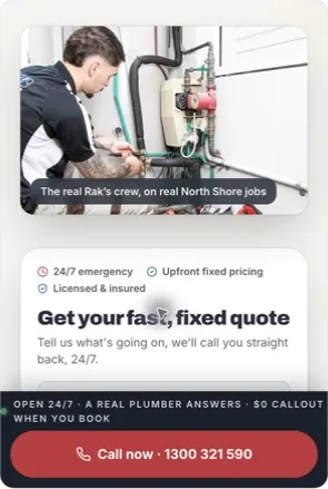 RAKS mobile page with a fixed call panel below the quote form