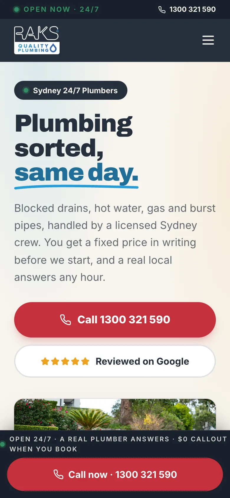 RAKS Quality Plumbing home page on a phone with a Call now bar pinned to the bottom