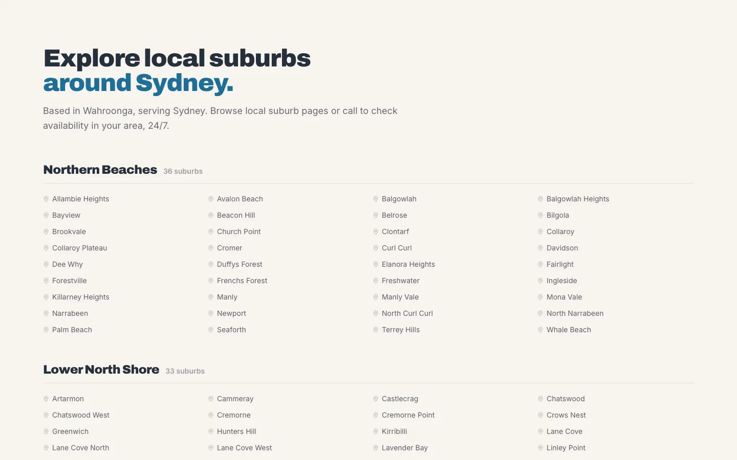RAKS Quality Plumbing service-areas page listing Northern Beaches suburbs under their region