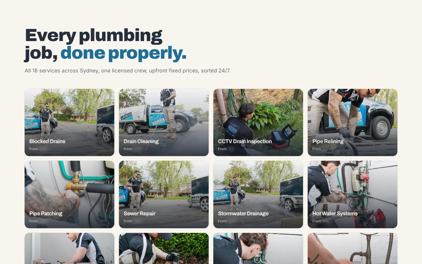 RAKS Quality Plumbing home page section with the services as photo cards