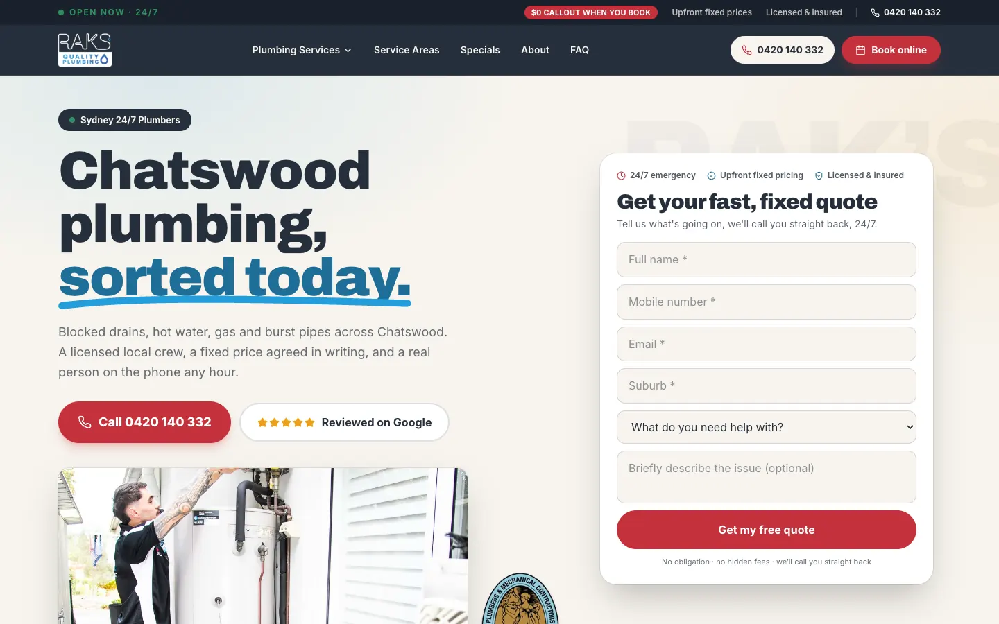RAKS Quality Plumbing Chatswood suburb page with a local headline and a quote form