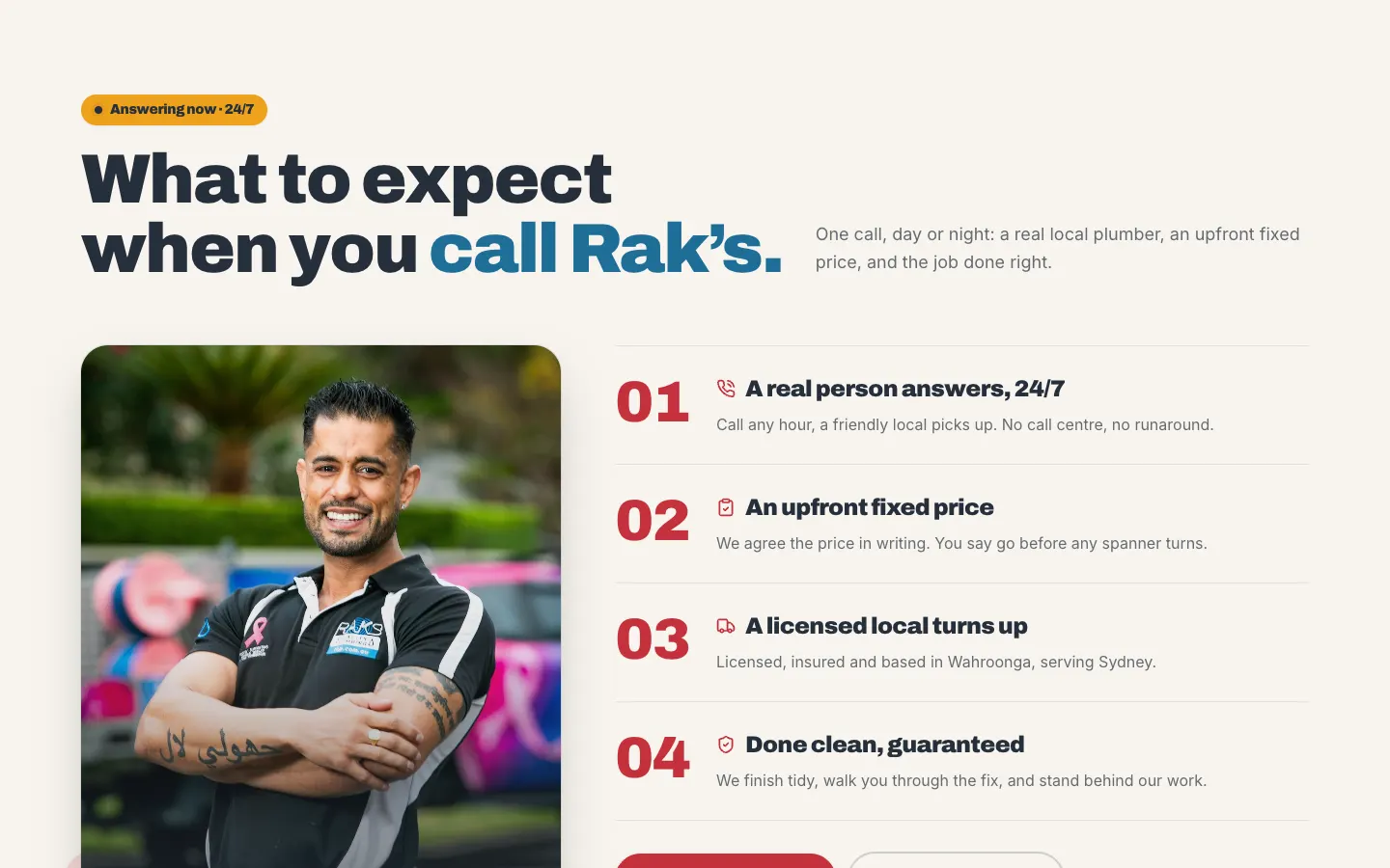 RAKS Quality Plumbing home page section explaining what happens when you call, beside a photo of a plumber