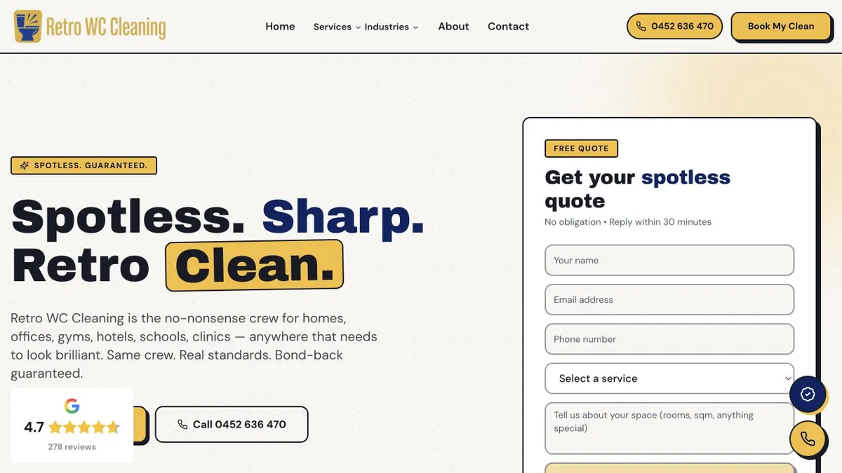 Retro WC Cleaning introduction with yellow accents and an outlined quote form
