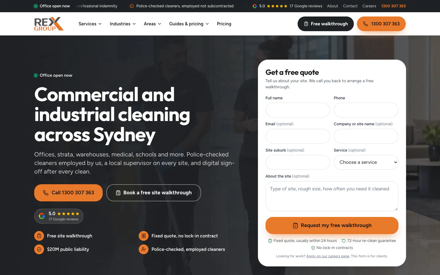 Rex Group home page with the commercial and industrial cleaning headline and a free quote form