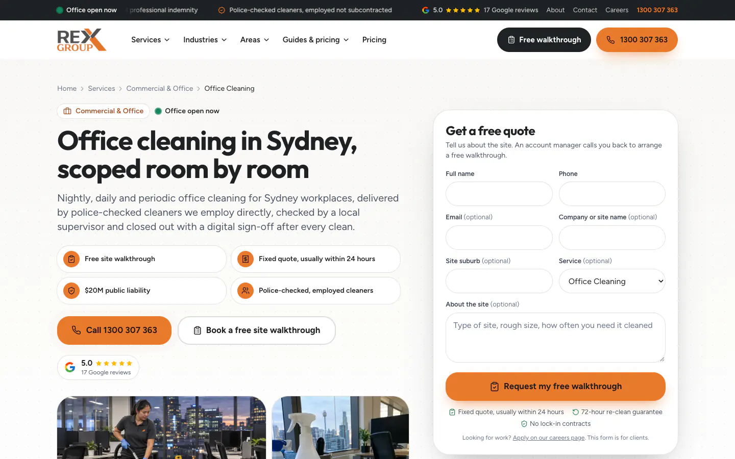 Rex Group office cleaning page with the quote form already set to office cleaning
