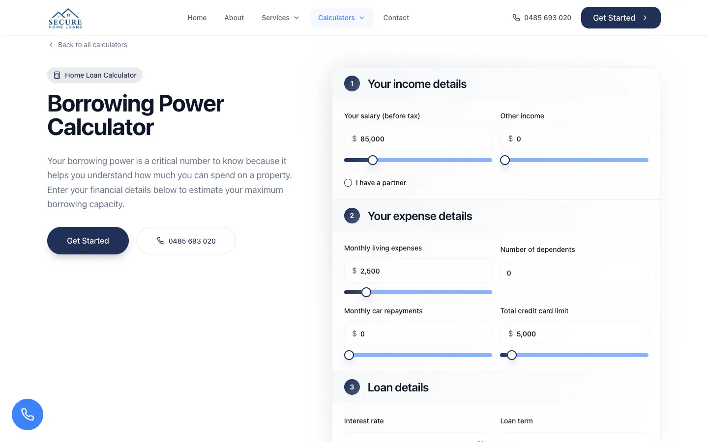 Secure Home Loans borrowing power calculator with income and expense inputs