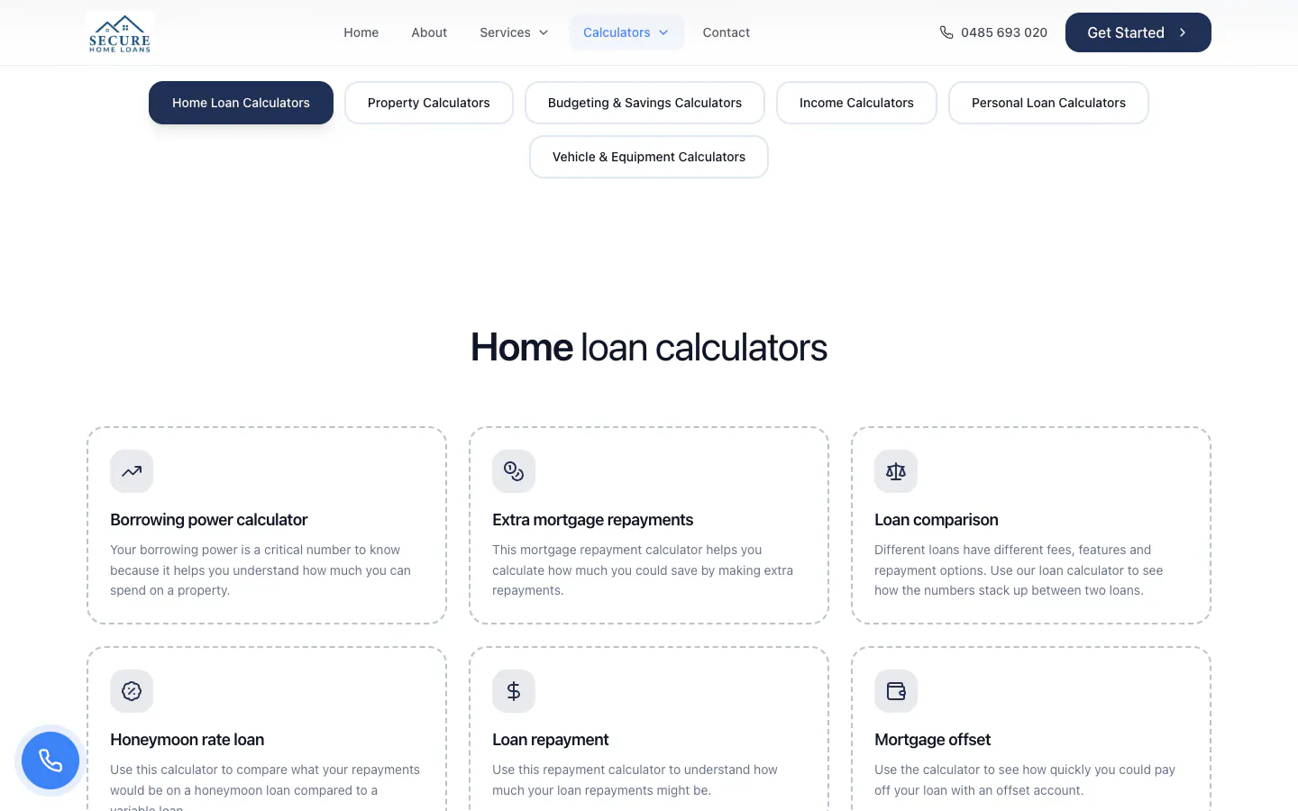 Secure Home Loans calculators page with group tabs and calculator cards