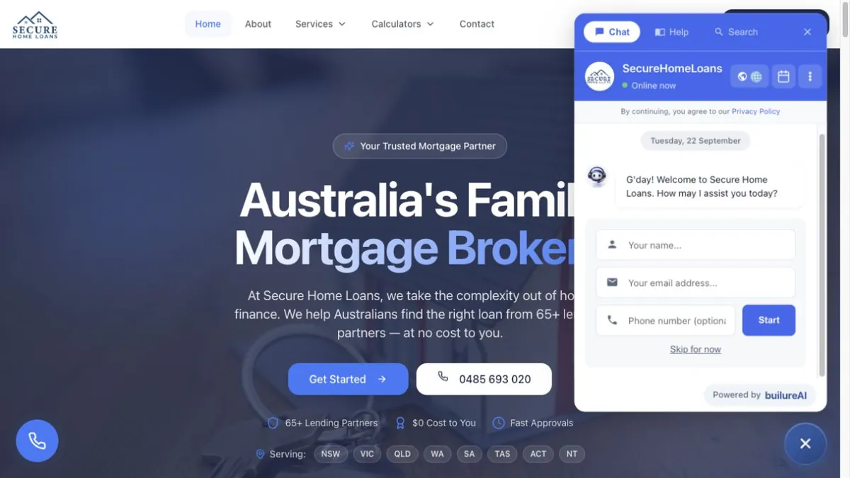 Secure Home Loans broker introduction with contact actions and expanded chat panel