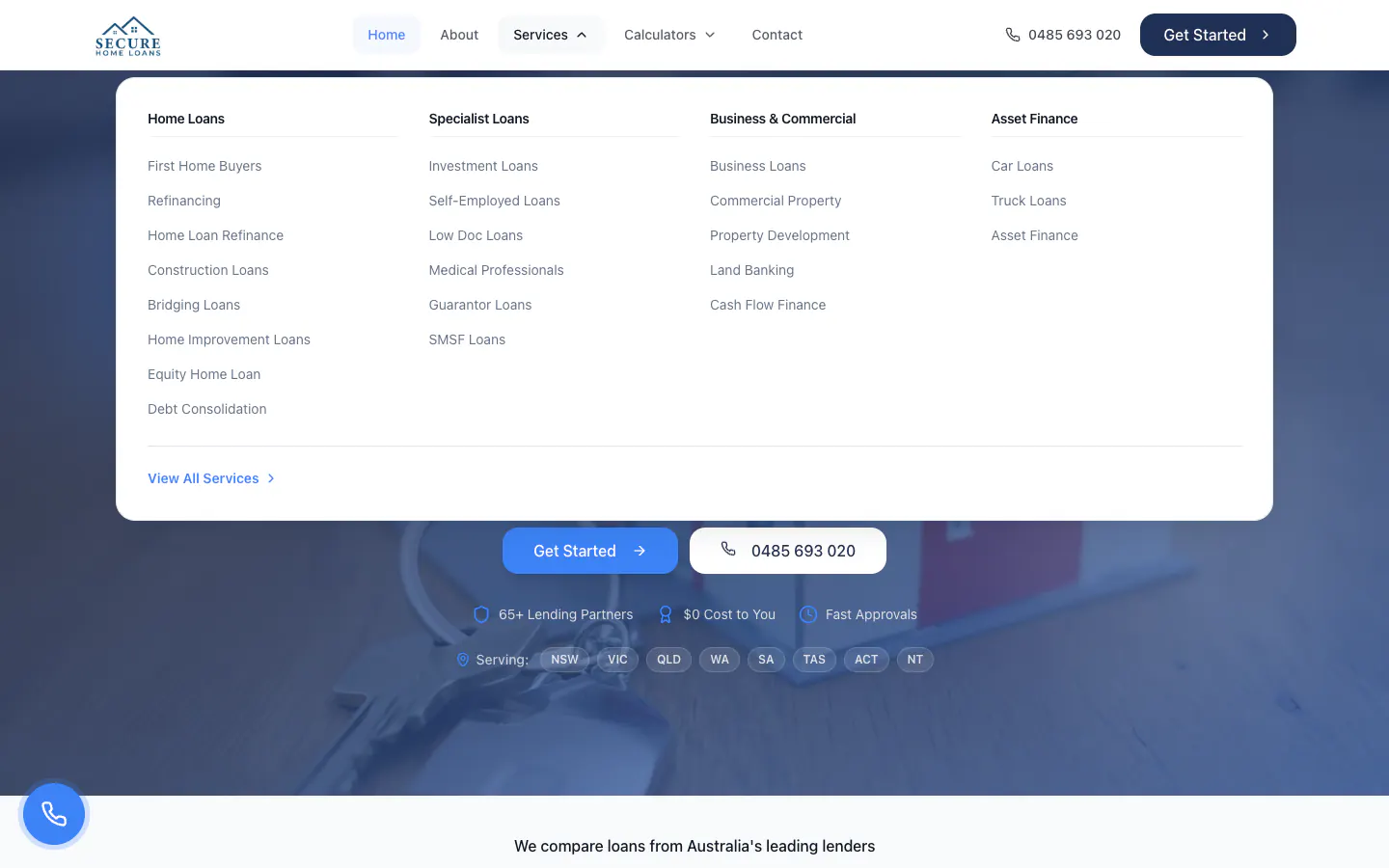 Secure Home Loans Services menu with four groups of loans