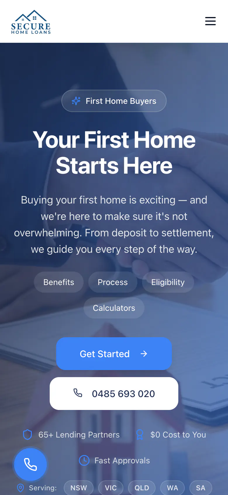 Secure Home Loans first home buyers page on a phone with topic tags and Get Started