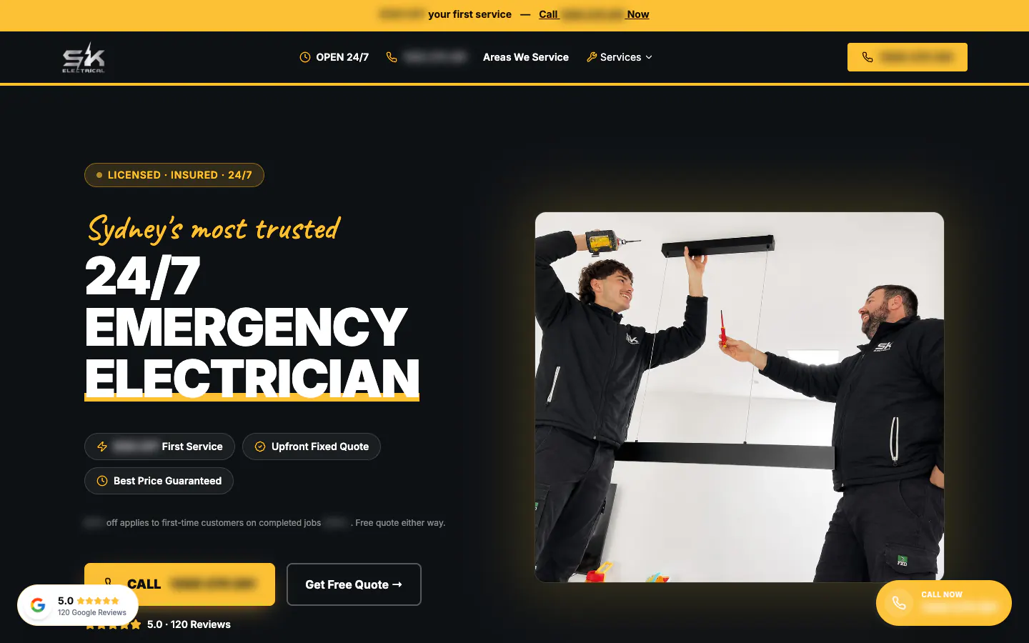 SK Electrical home page with the emergency electrician headline