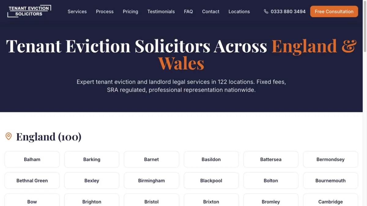 SLS Solicitors England-and-Wales locations page with place-name grid