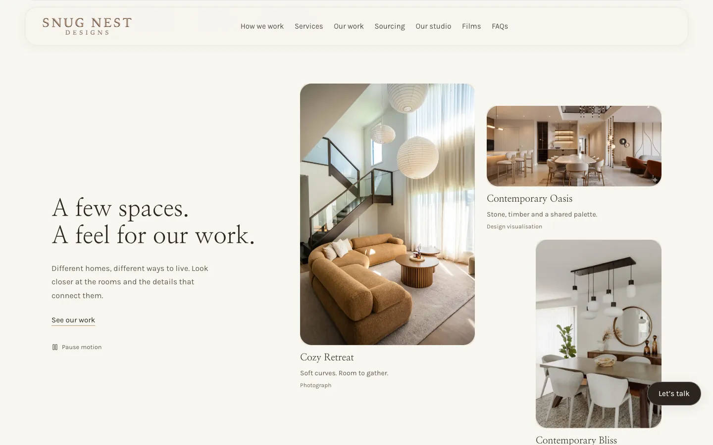 Snug Nest Designs landing page collage of three homes headed A few spaces. A feel for our work.