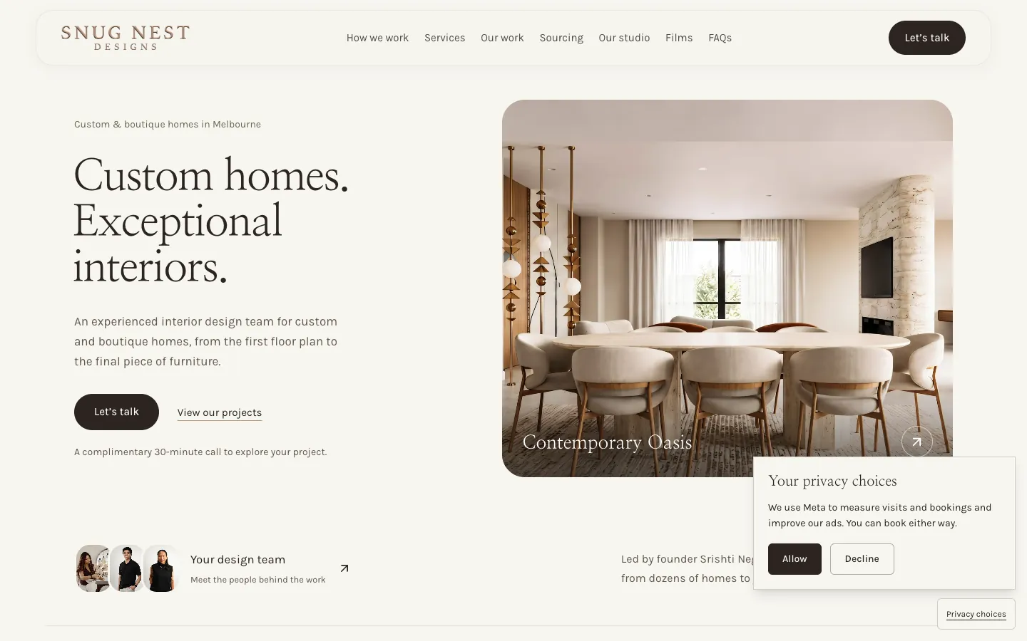 The first screen of the landing page with the headline, Let's talk, the Contemporary Oasis image and the privacy choice