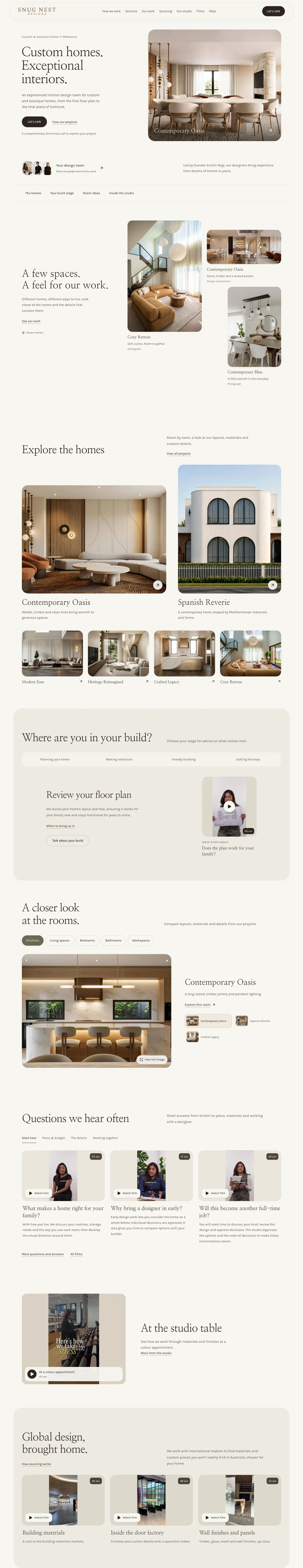 The Snug Nest Designs landing page from the first screen through the homes, build stages, rooms, films and sourcing