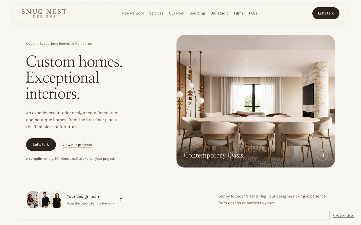 Snug Nest Designs landing page with the headline, Let's talk and a dining room from Contemporary Oasis
