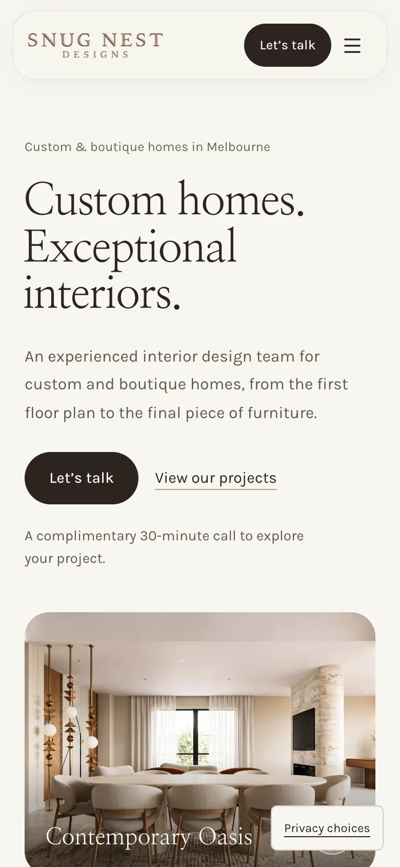 Snug Nest Designs landing page on a phone with Let's talk in the header and the two-line headline