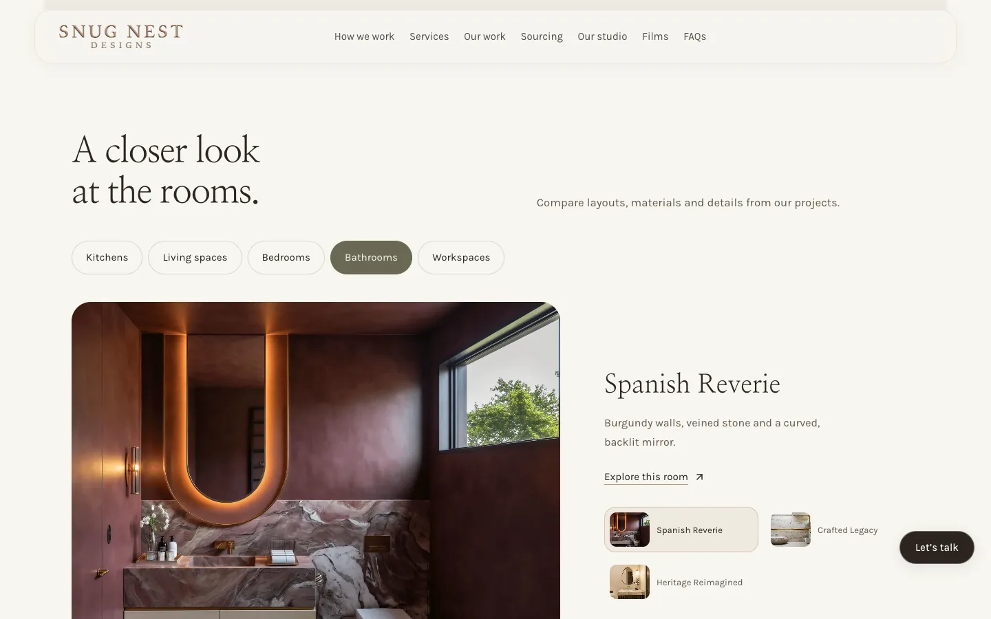 A closer look at the rooms with Bathrooms selected and the Spanish Reverie bathroom shown large